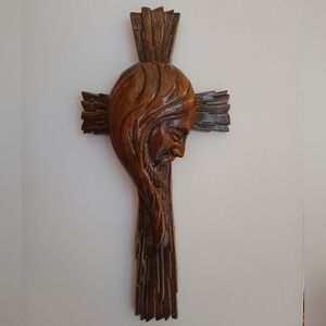 Vtg 19" Handmade Pottery Clay Cross w/ Side Profile of Jesus